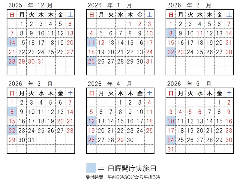 開庁日、2025年12月14日、12月28日、2026年1月11日、1月25日、2月8日、2月22日、3月8日、3月22日、4月12日、4月26日、5月10日、5月24日