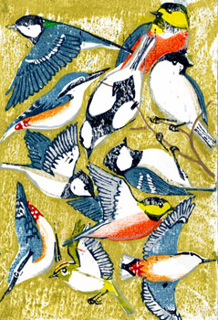 山の鳥達の版画の画像