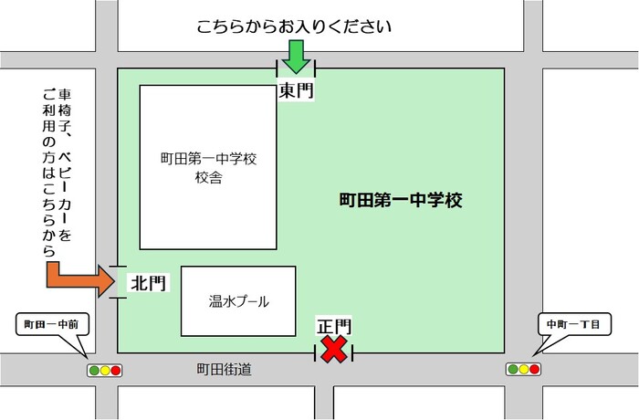 町田第一中学校の東門と北門の図
