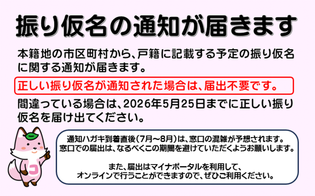 本籍地の市区町村から、戸籍に記載する予定の振り仮名に関する通知が届きます。正しい振り仮名が通知された場合は、届出不要です。間違っている場合は、2026年5月25日までに正しい振り仮名を届け出てください。通知ハガキ到着直後（7月～8月）は、窓口の混雑が予想されます。窓口での届出は、なるべくこの期間を避けていただくようお願いします。