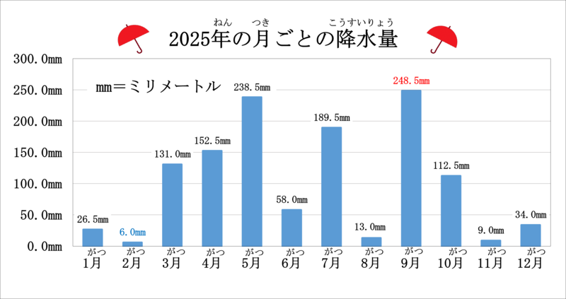 2025年の月ごとの降水量のグラフです。1月は26.5mm、2月は6.0mm、3月は131.0mm、4月は152.5mm、5月は238.5mm、6月は58.0mm、7月は189.5mm、8月は13.0mm、9月は248.5mm、10月は112.5mm、11月は9.0mm、12月は34.0mmです。