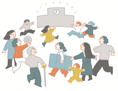 学校を囲む人たちのイラスト