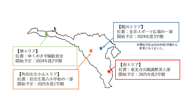 堺エリア　位置：ゆくのき学園給食室、開始予定：2024年度2学期、　町田忠生小山エリア　位置：旧忠生第六小学校の一部、開始予定：2025年度1学期、　鶴川エリア　位置：金井スポーツ広場の一部、開始予定：2024年3学期、　南エリア　位置：東光寺公園調整池上部、開始予定：2025年度2学期