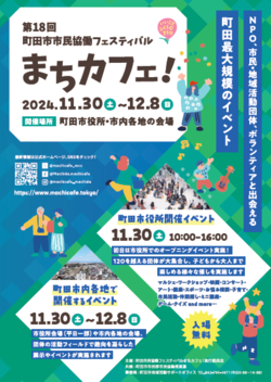 まちカフェのポスターです。緑色の背景に開催期間や会場が書いてあります。開催期間は11月30日から12月8日です。町田市庁舎での開催は11月30日です。