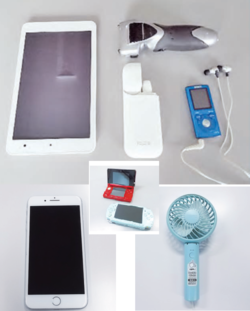 タブレット端末、電気シェーバー、電子タバコ、スマートフォン、携帯音楽プレーヤー、携帯扇風機、ゲーム機の写真
