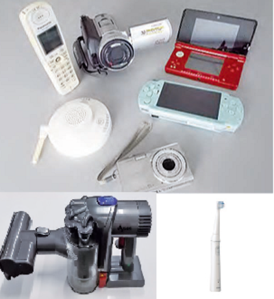 コードレス電話機、デジタルカメラ、ゲーム機、コードレス掃除機、電動歯ブラシ、火災報知器、ビデオカメラなどの写真