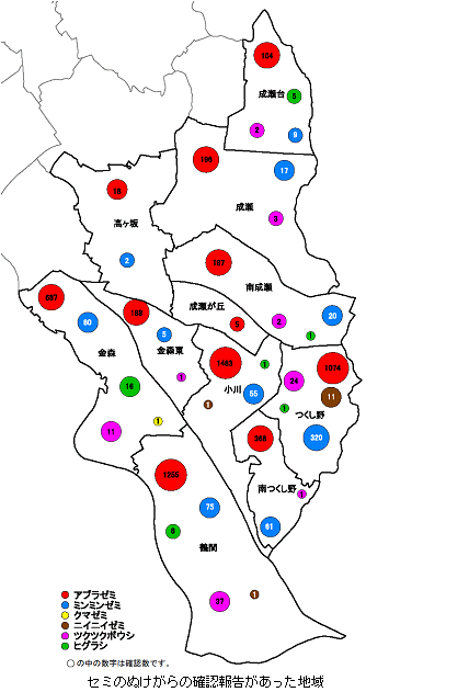 セミのぬけがらの確認報告があった地域の画像