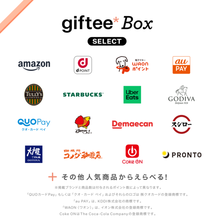 giftee Box Selectギフトの一例(「クオ・カードペイ」「au PAY」「WAON」「Coke ON」登録商標についての注記あり)