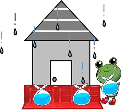 町田市下水道キャラクター「雨かえる」が家の前に止水板と水のうを設置しているイラストイラスト