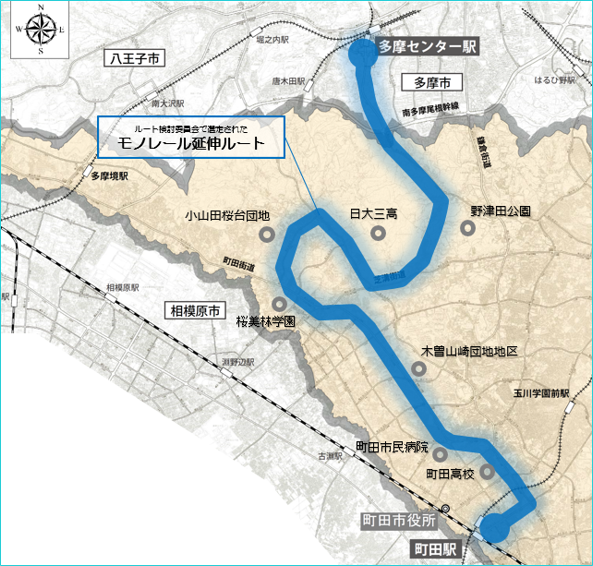図　選定された多摩都市モノレール町田方面延伸ルート