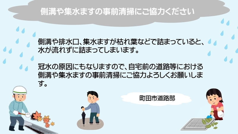 注意喚起の画像：側溝や排水口、修水ますが枯れ葉などで詰まっていると、水が流れずに詰まってしまいます。冠水の原因にもなりますので、自宅前の道路等における側溝や集水ますの事前清掃にご協力よろしくお願いします。