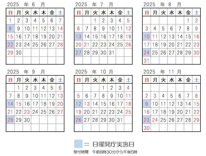 開庁日、2025年6月8日、6月22日、7月13日、7月27日、8月10日、8月24日、9月14日、9月28日、10月12日、10月26日、11月9日、11月23日