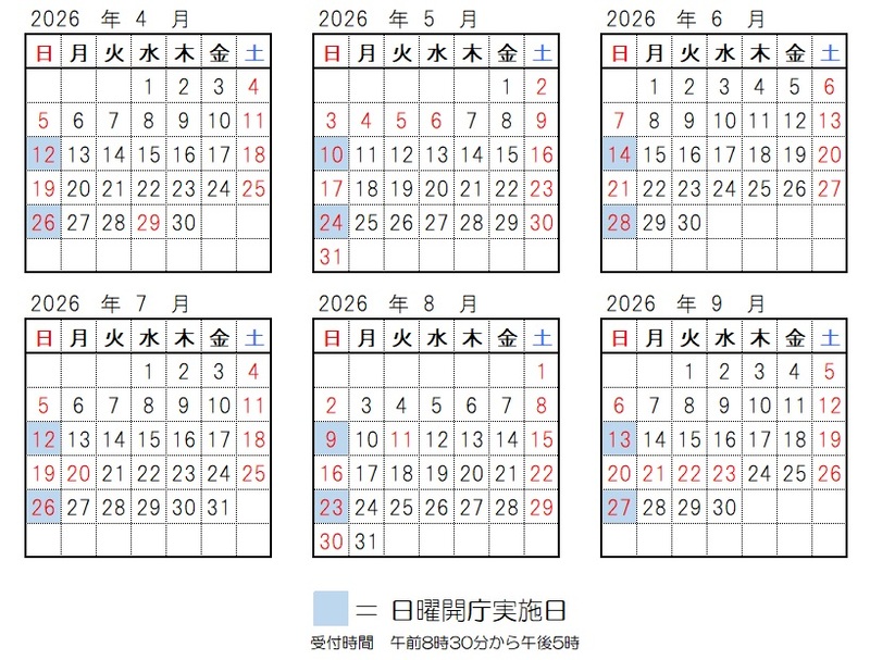 開庁日、2026年4月12日、4月26日、5月10日、5月24日、6月14日、6月28日、7月12日、7月26日、8月9日、8月23日、9月13日、9月27日