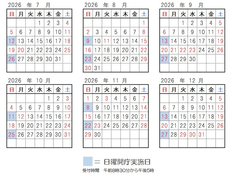 開庁日、2026年7月12日、7月26日、8月9日、8月23日、9月13日、9月27日、10月11日、10月25日、11月8日、11月22日、12月13日、12月27日