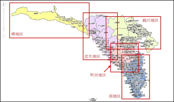 町田市を堺地区、忠生地区、鶴川地区、町田地区、南地区の5つのエリアに分けた図です。