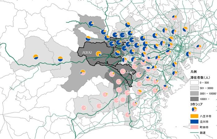 3市へ訪れる流動者の自宅分布とシェア